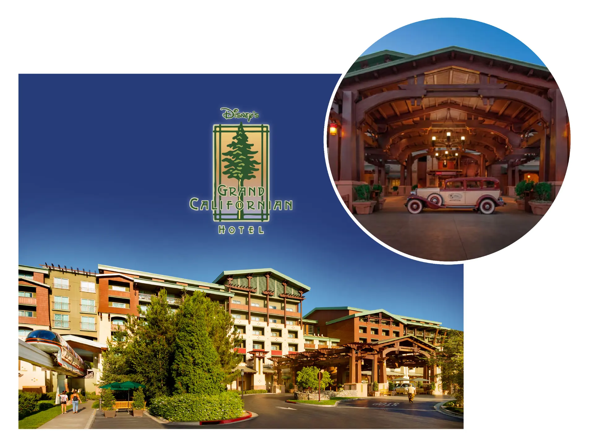 Disney's Grand Californian Hotel and Spa exterior with the resort pool at night
